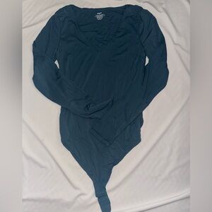 Peacock Blue V Neck Long Sleeve Bodysuit